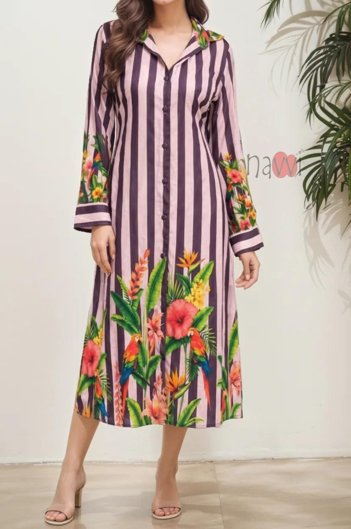 Striped Floral Print Button-Down Dress