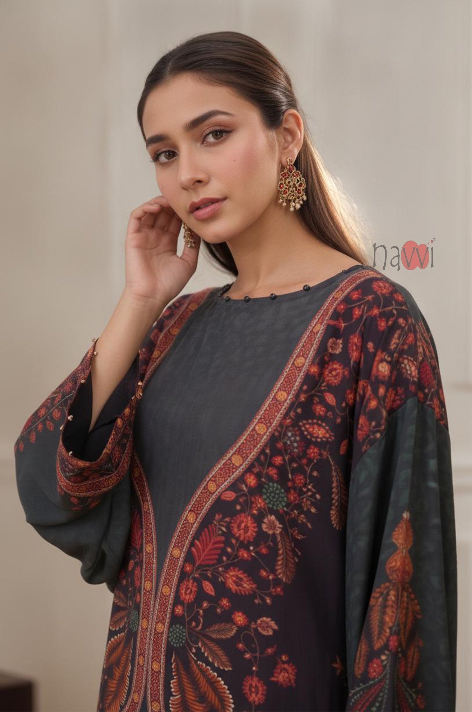 Charcoal Floral Printed Longline Kurta