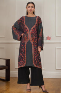 Charcoal Floral Printed Longline Kurta
