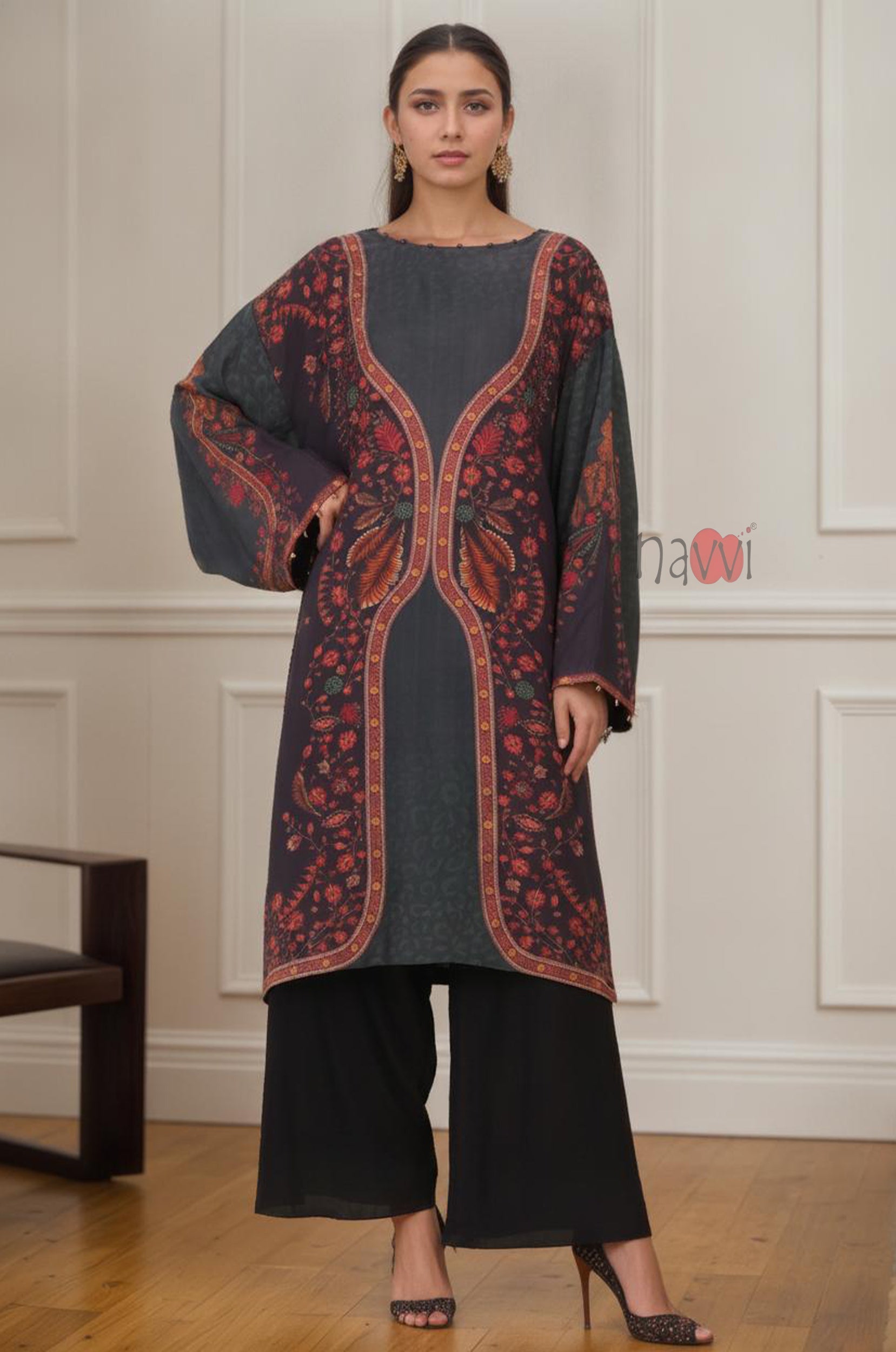 Charcoal Floral Printed Longline Kurta