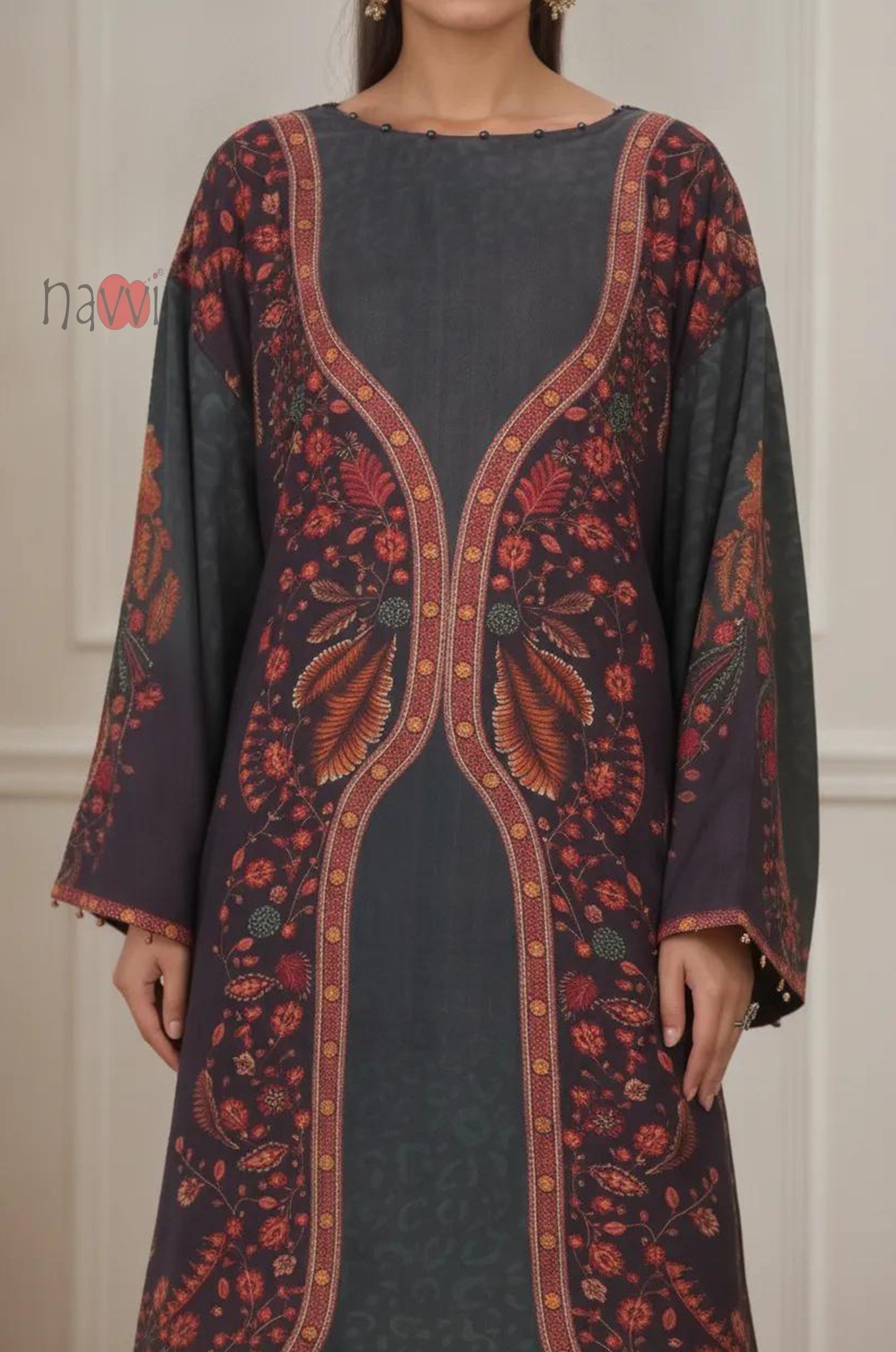 Charcoal Floral Printed Longline Kurta