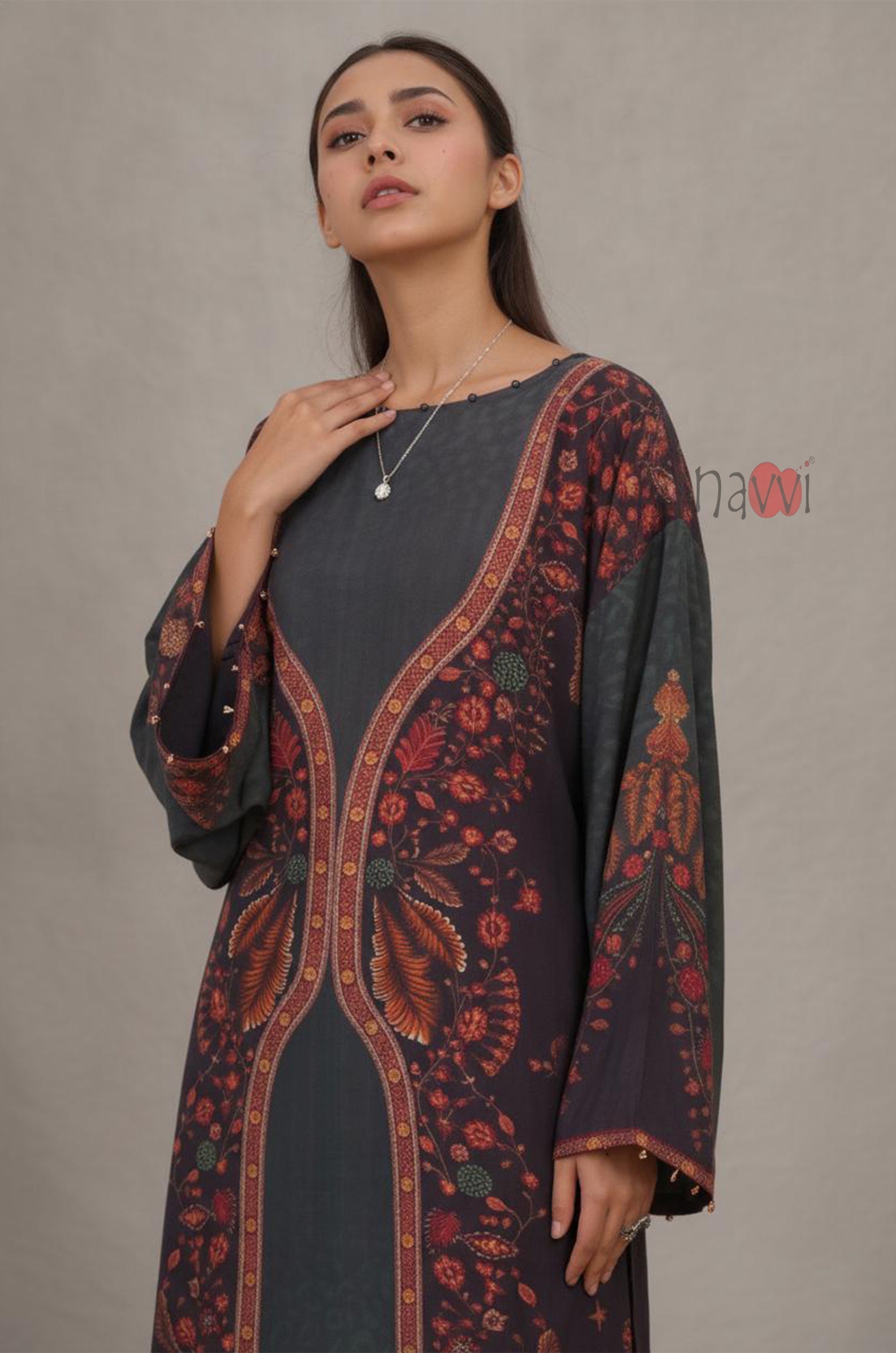 Charcoal Floral Printed Longline Kurta