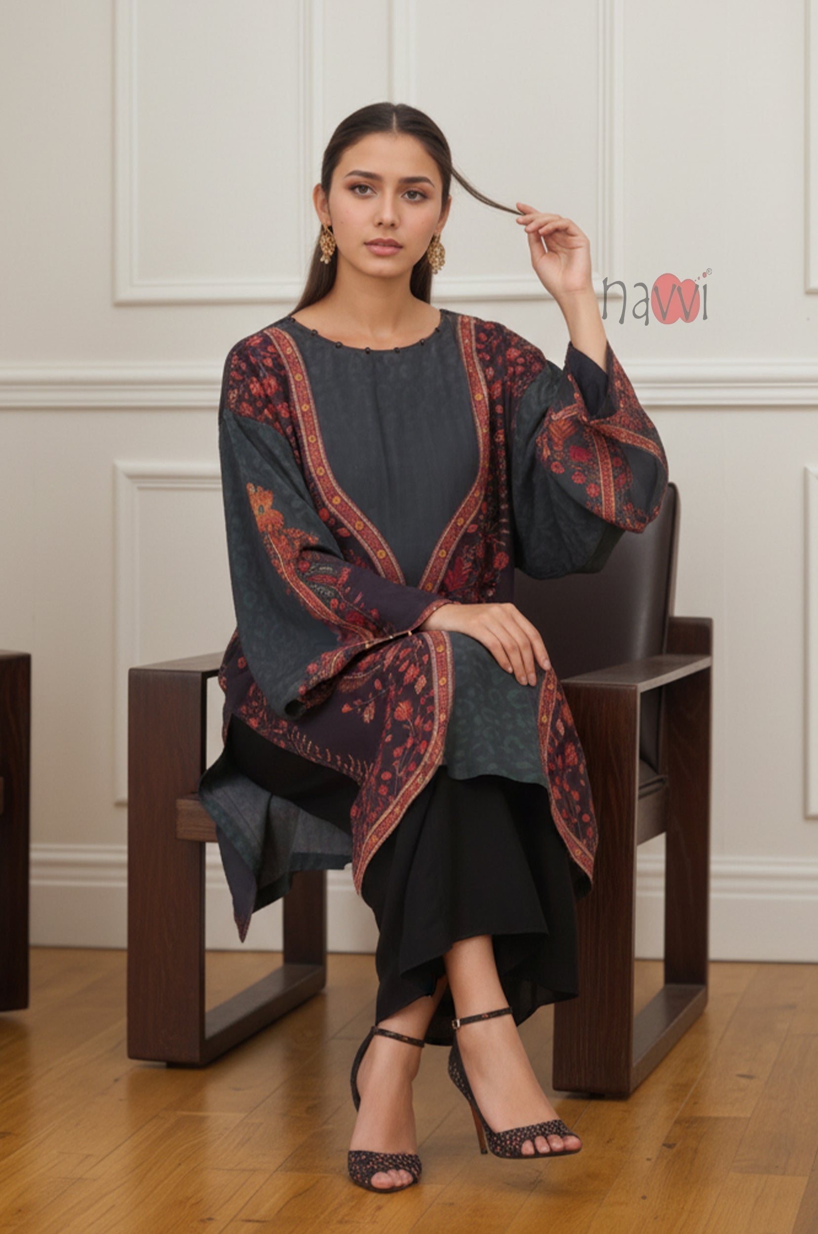 Charcoal Floral Printed Longline Kurta