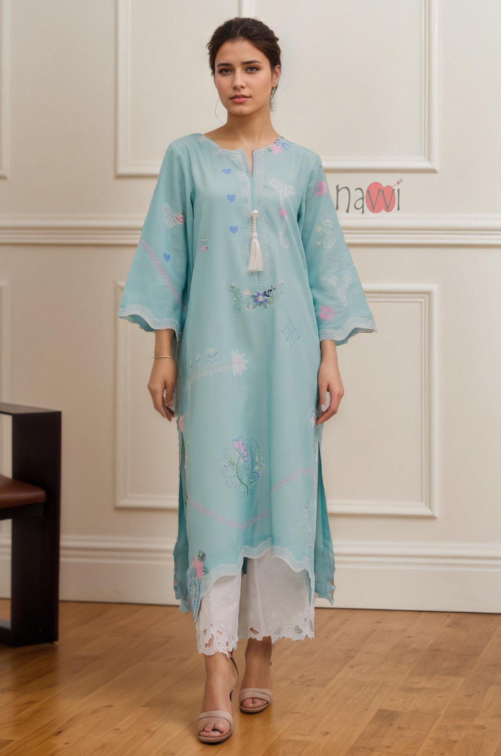 Mint Blossom Embroidered Kurta