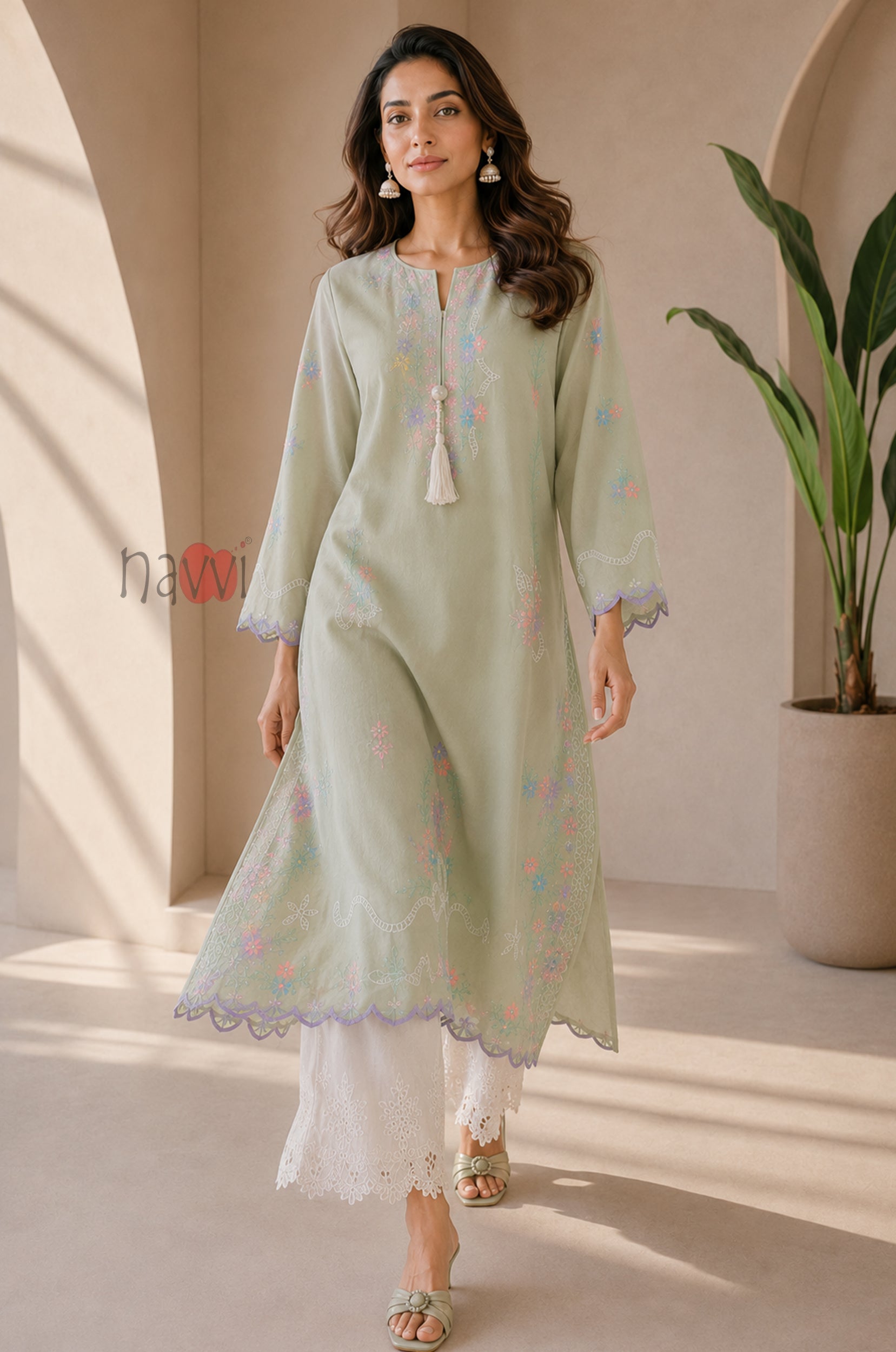 Sage Green Pastel Floral Embroidered Kurta