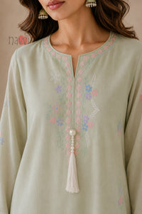 Sage Green Pastel Floral Embroidered Kurta