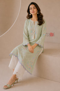 Sage Green Pastel Floral Embroidered Kurta