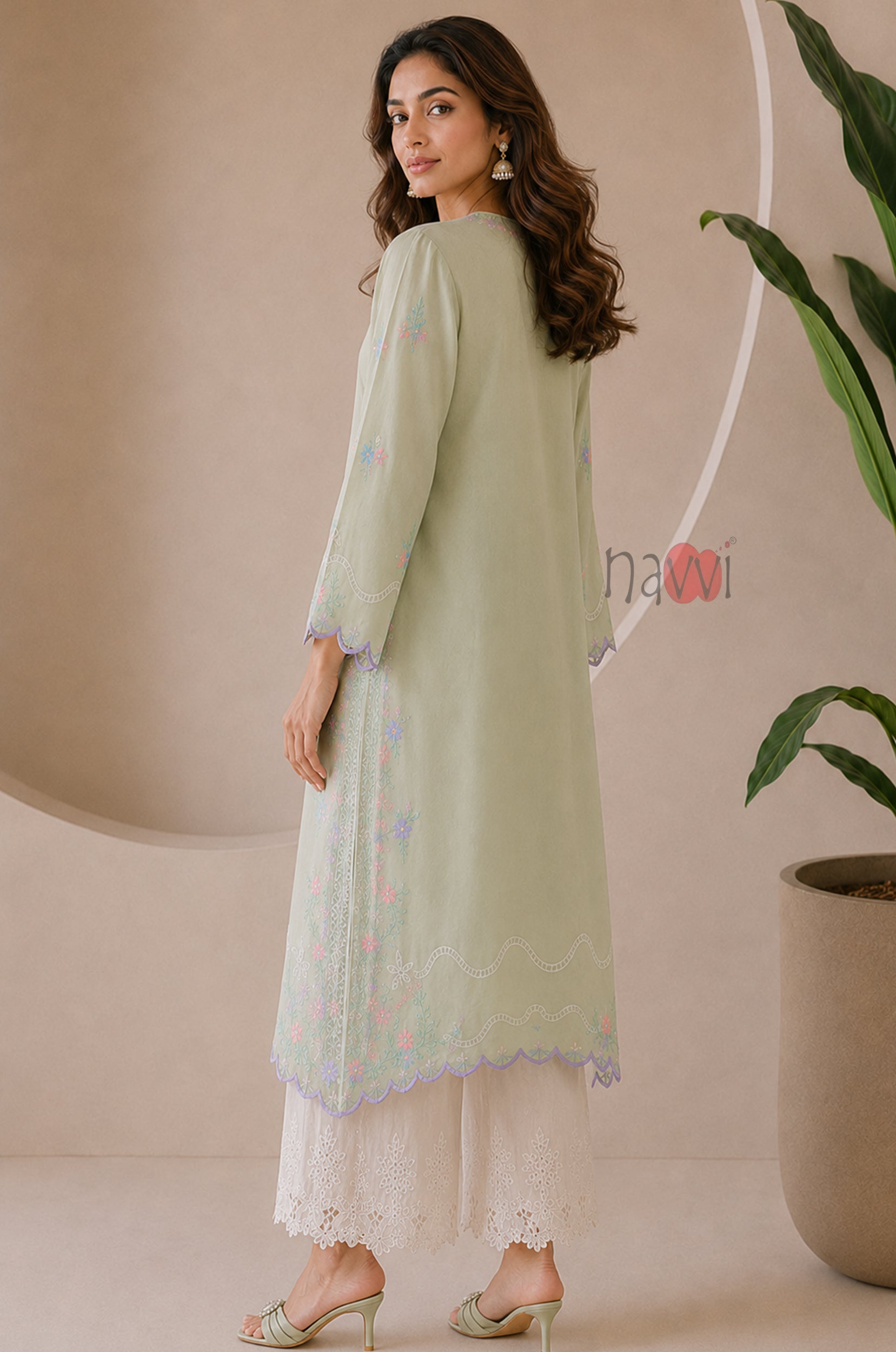 Sage Green Pastel Floral Embroidered Kurta