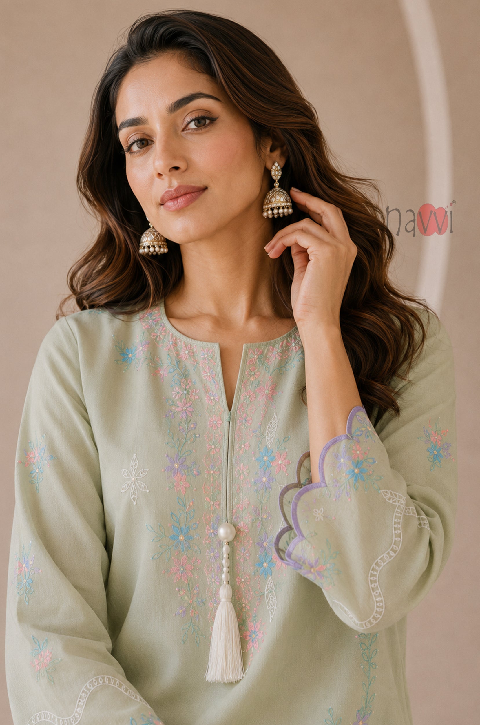 Sage Green Pastel Floral Embroidered Kurta