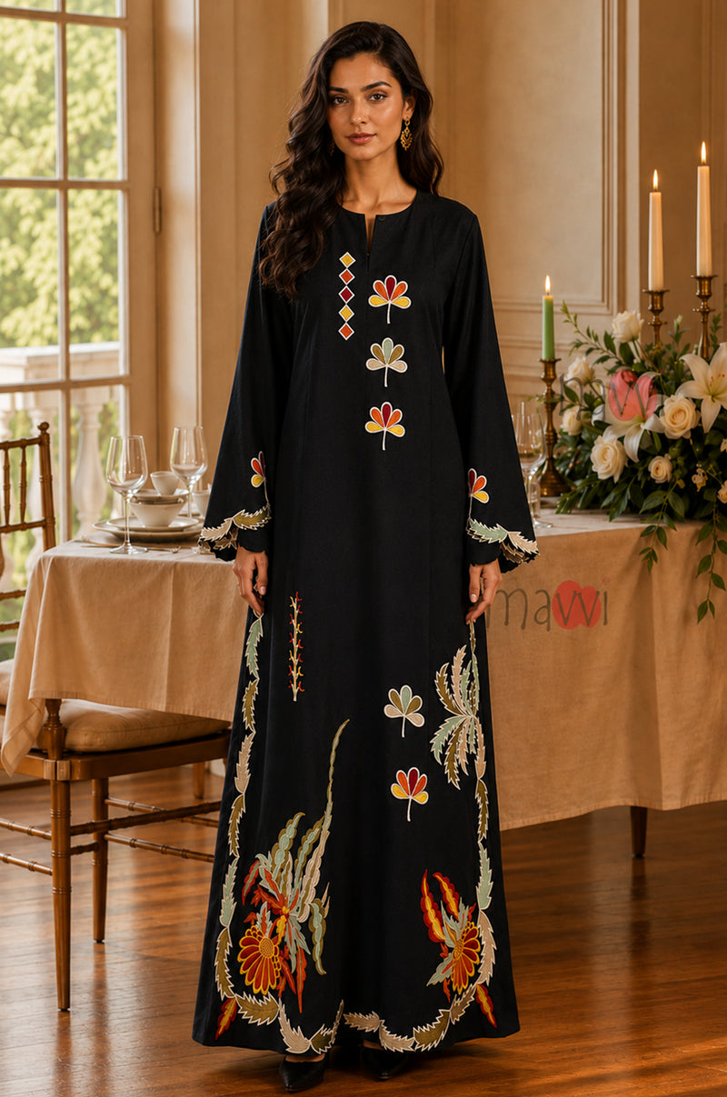 Midnight Floral Embroidered Kaftan - Navvi.in
