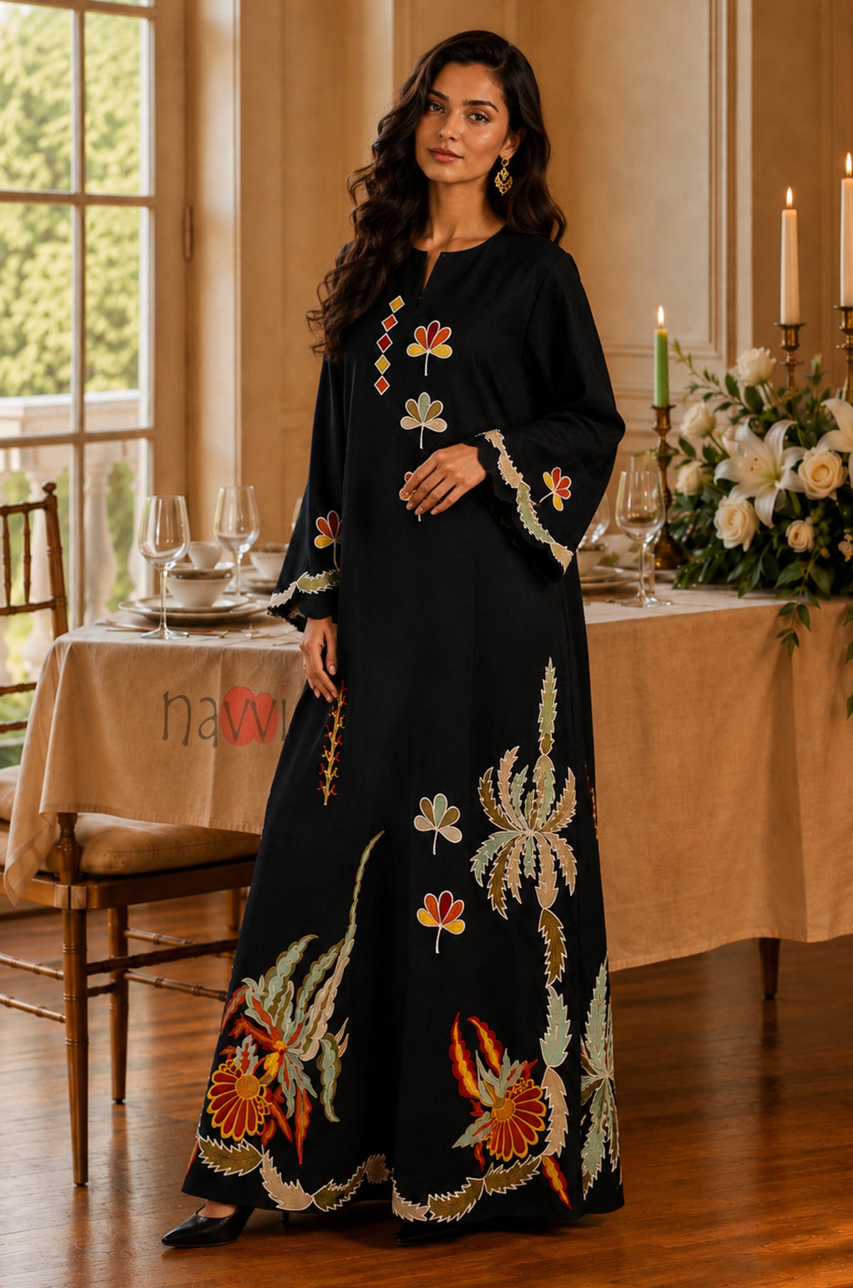 Midnight Floral Embroidered Kaftan - Navvi.in