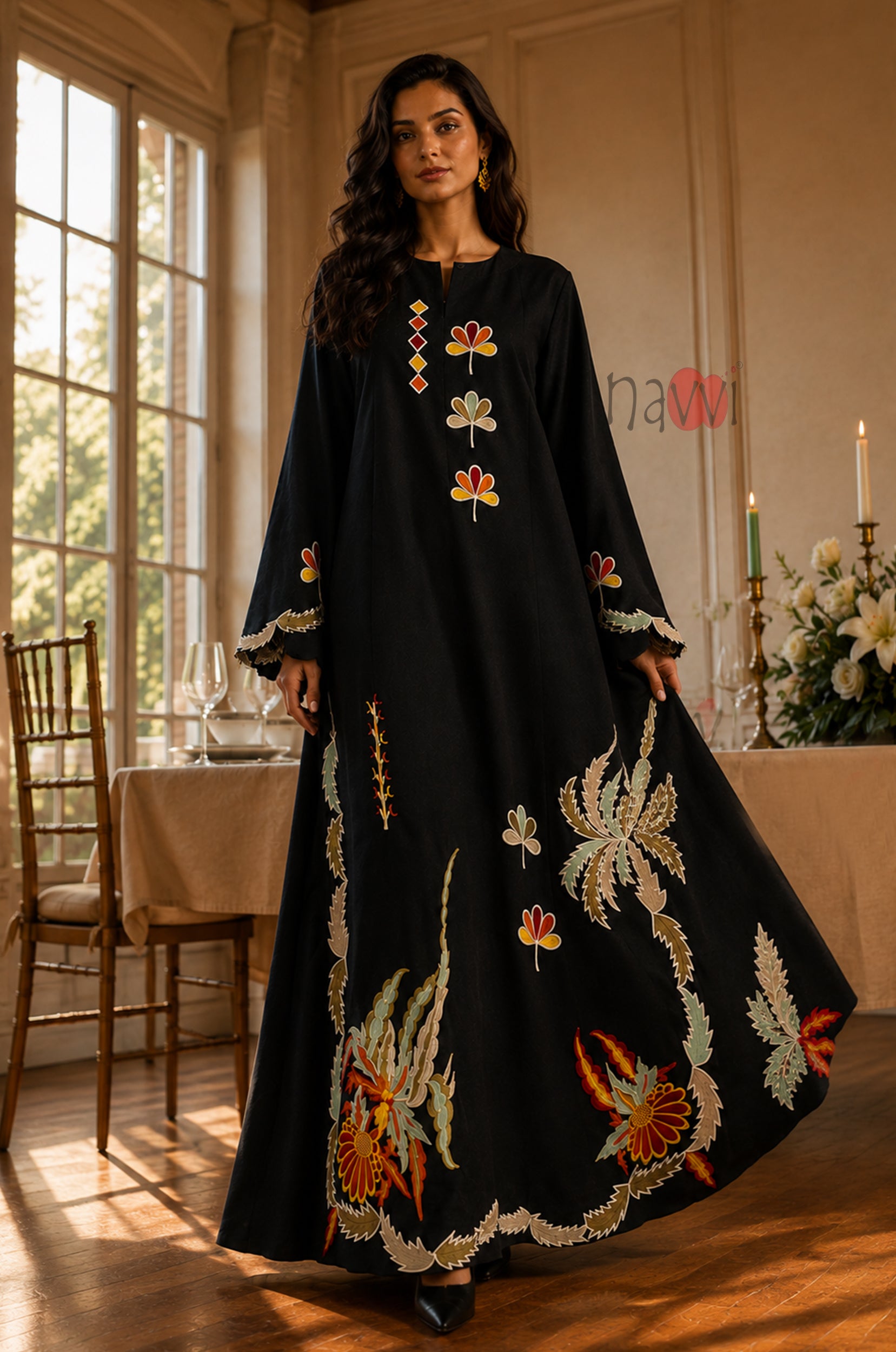 Midnight Floral Embroidered Kaftan - Navvi.in