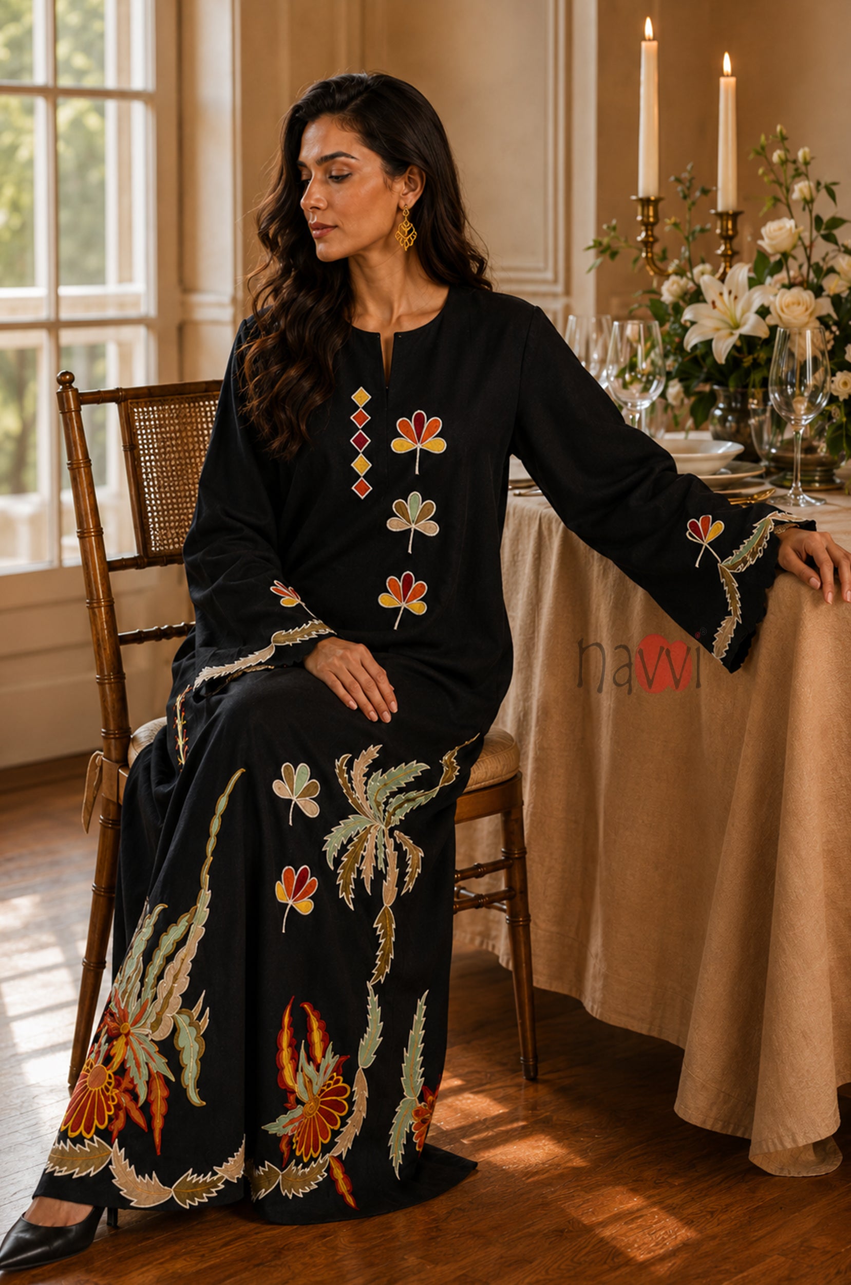 Midnight Floral Embroidered Kaftan - Navvi.in