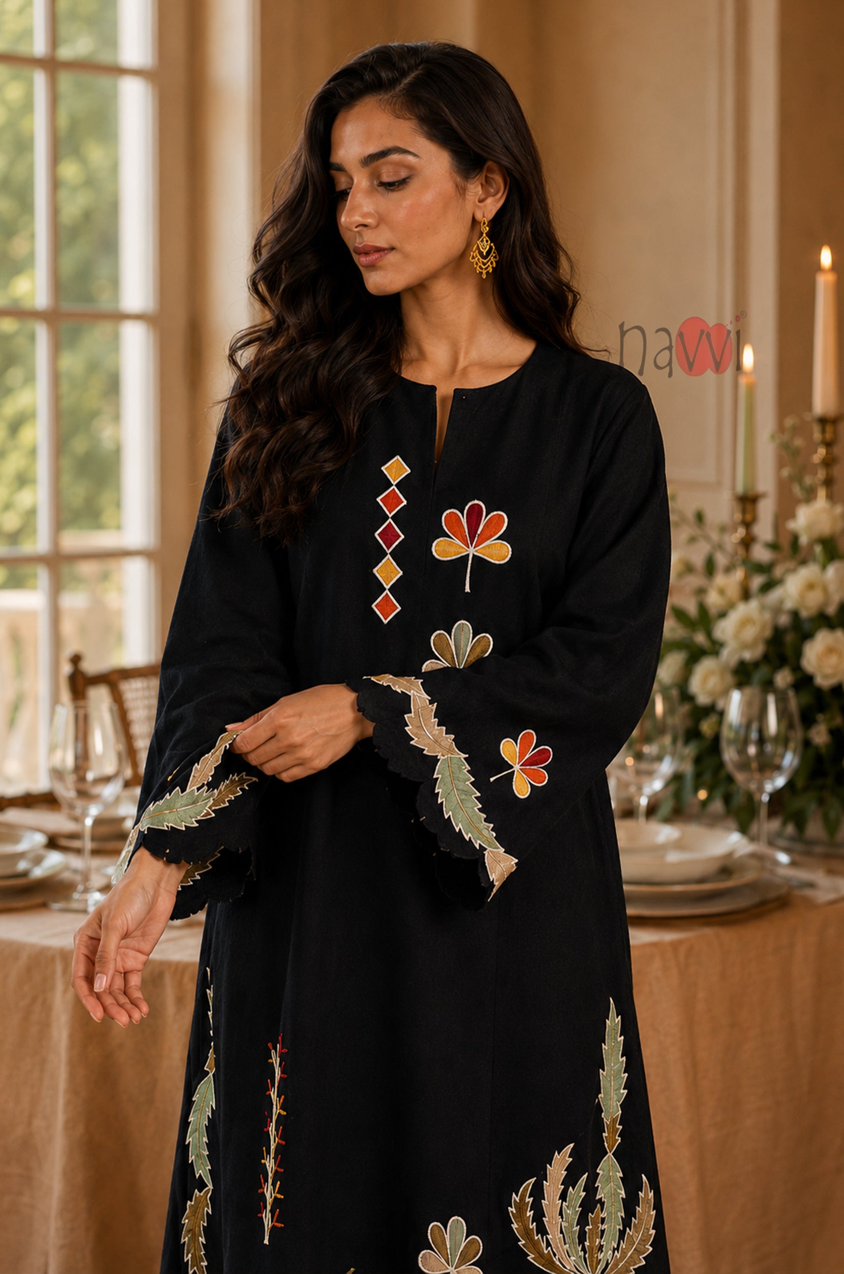 Midnight Floral Embroidered Kaftan - Navvi.in