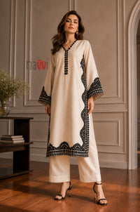Ivory Noir Border Embroidered Kurta Pant Set