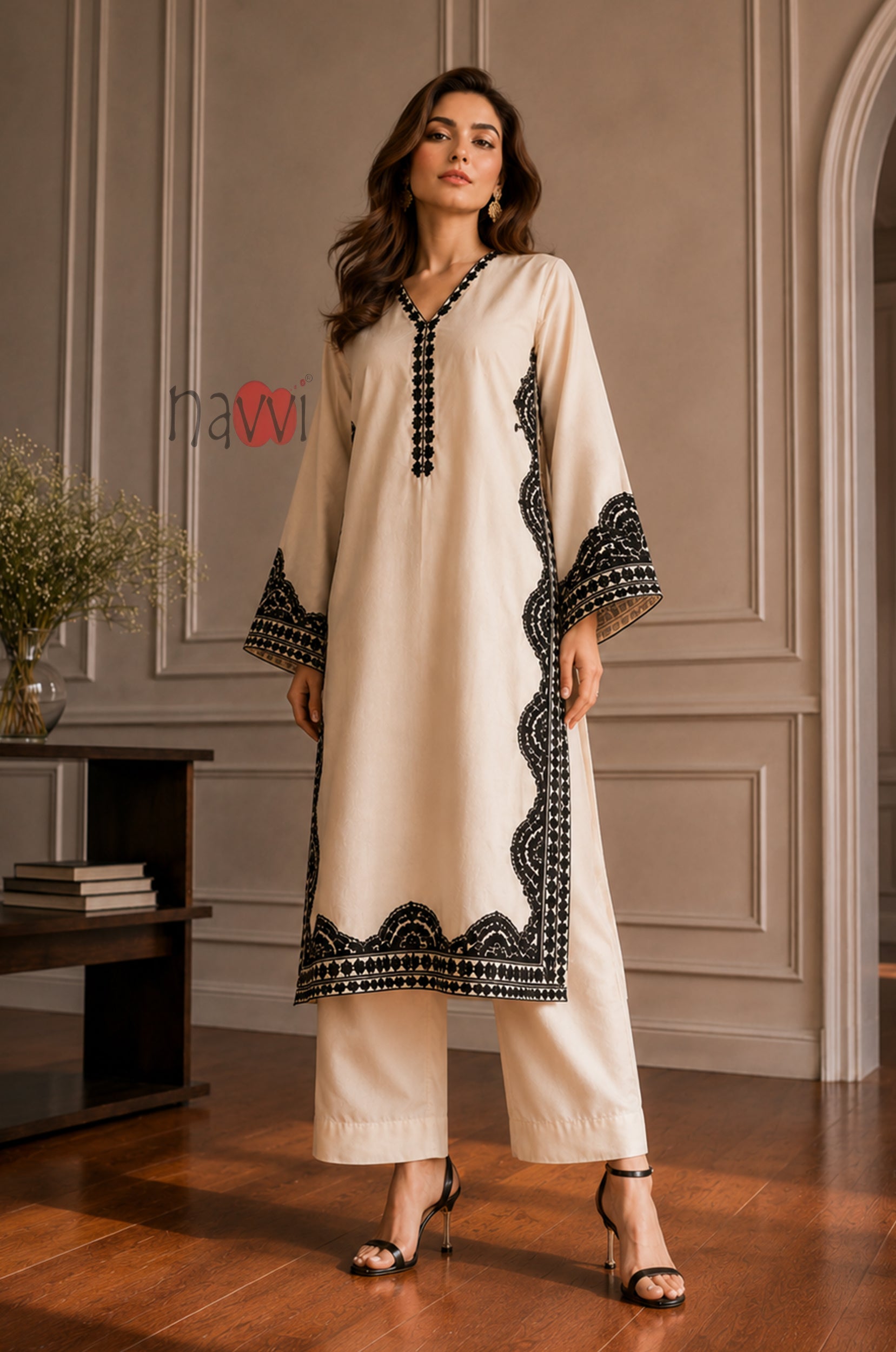 Ivory Noir Border Embroidered Kurta Pant Set