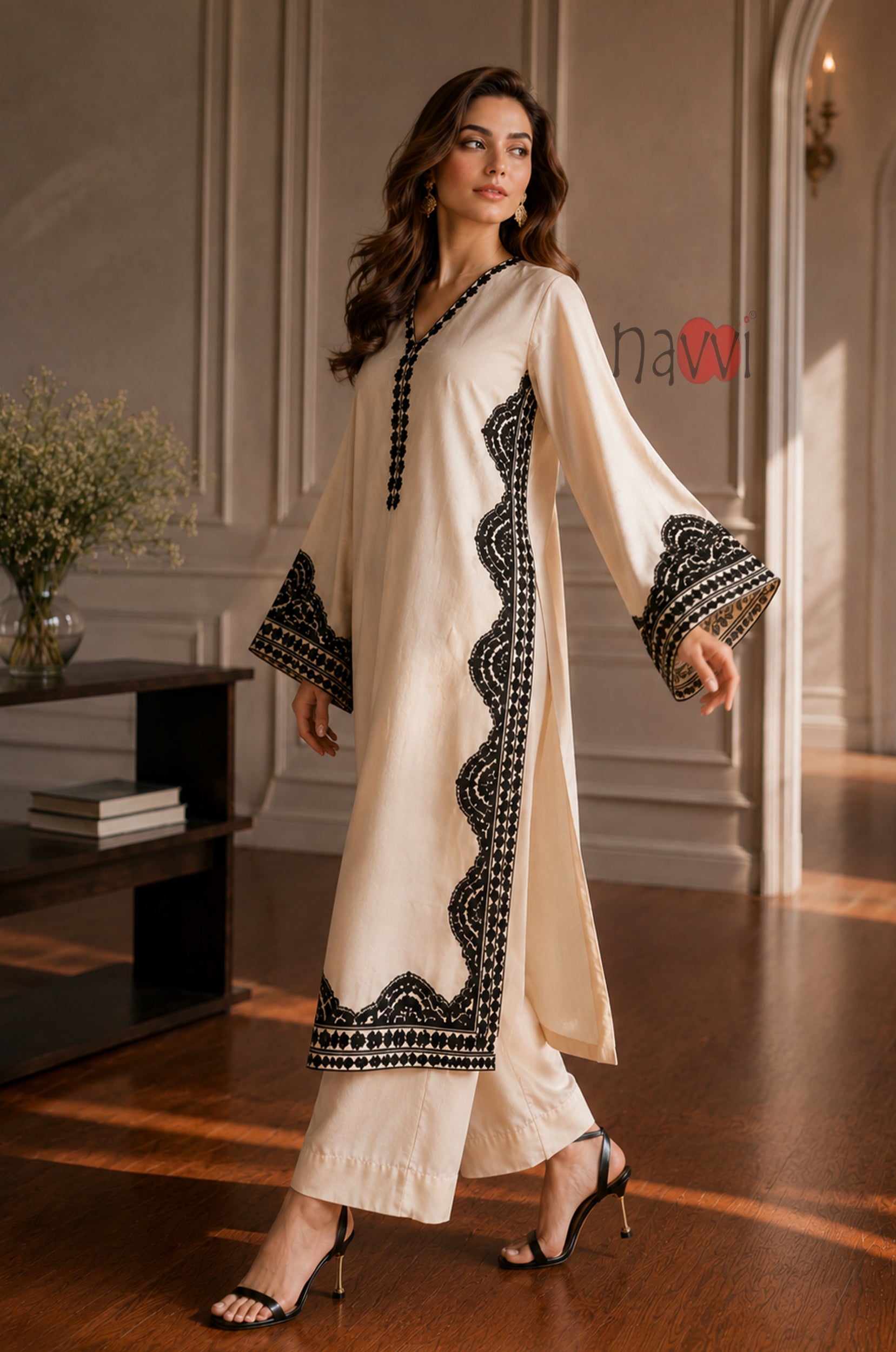 Ivory Noir Border Embroidered Kurta Pant Set