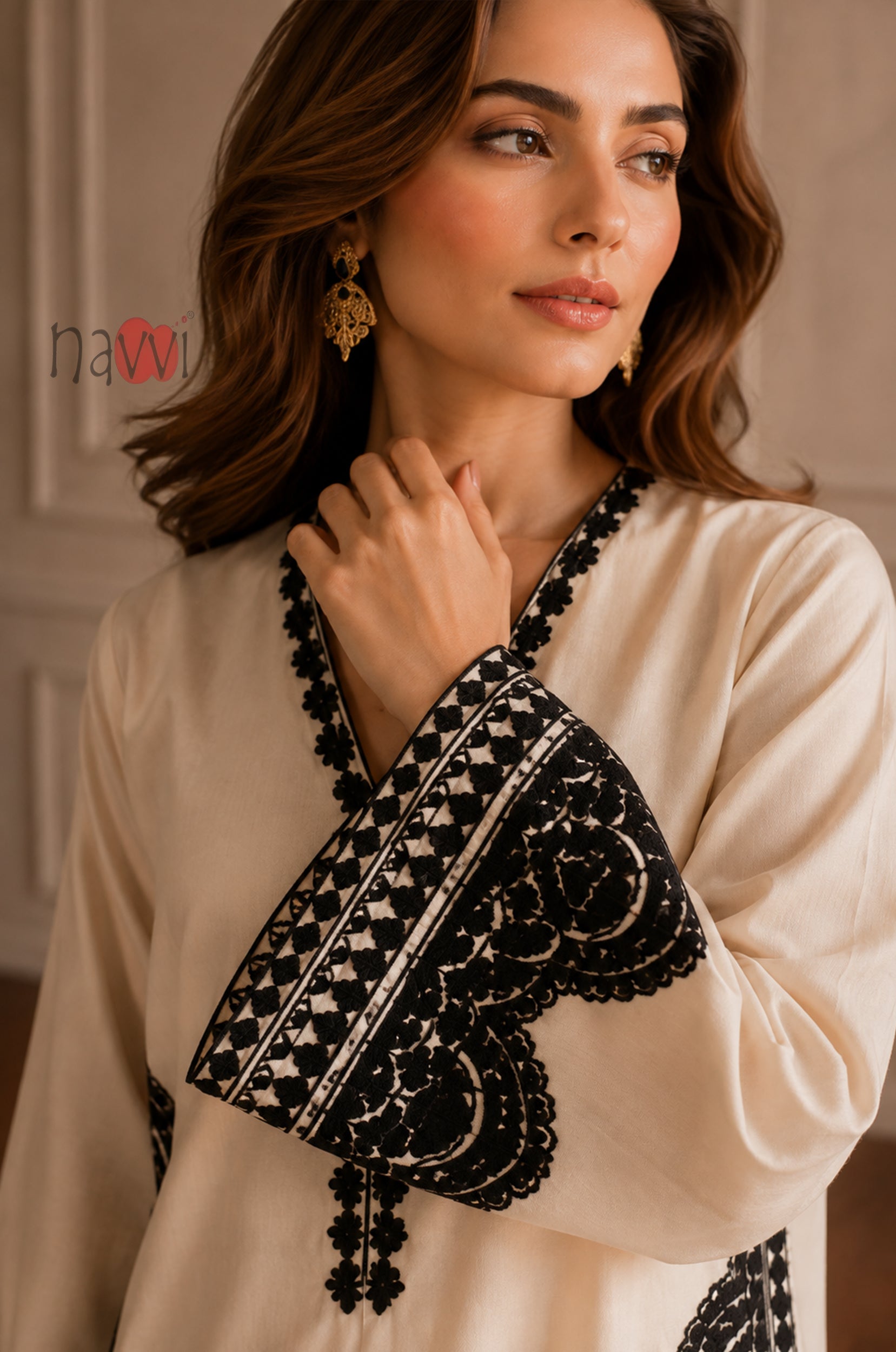 Ivory Noir Border Embroidered Kurta Pant Set