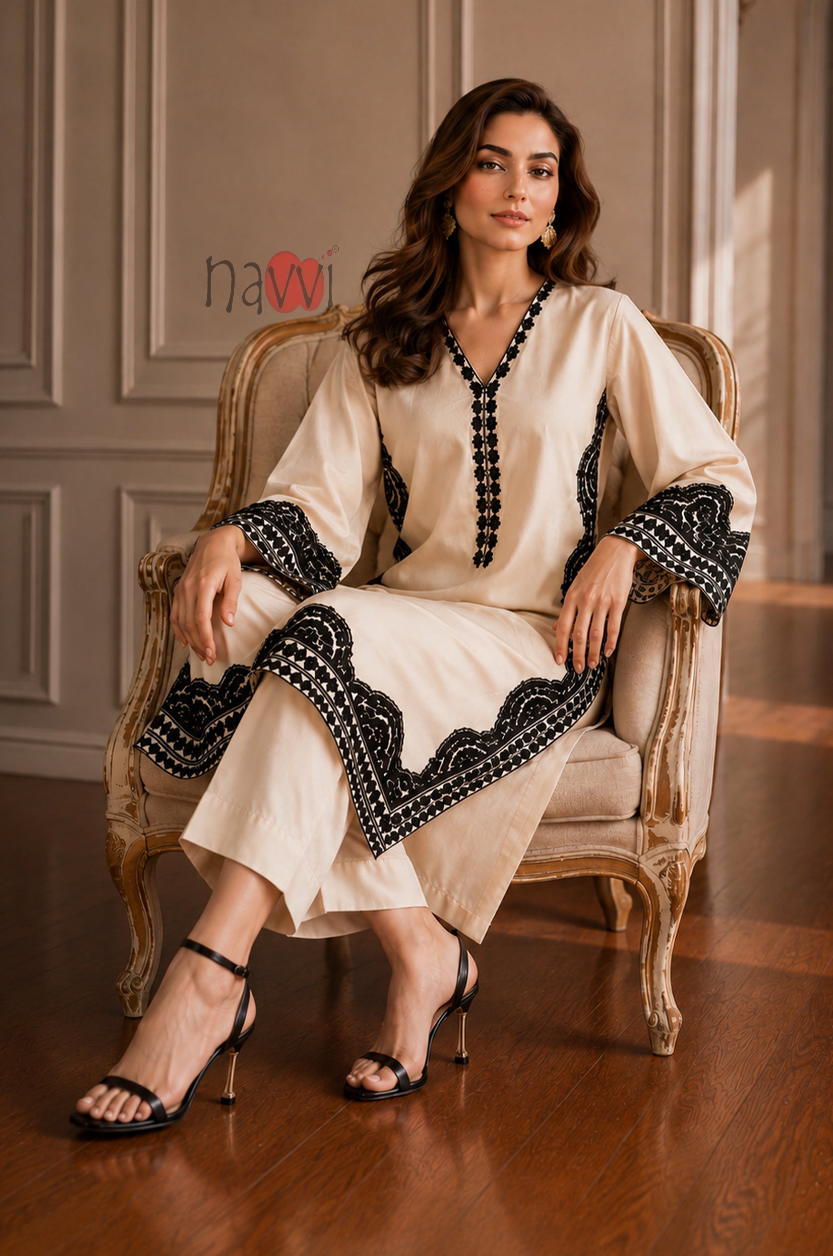 Ivory Noir Border Embroidered Kurta Pant Set