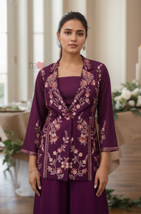 Wine Embroidered Kurta with Palazzo Set