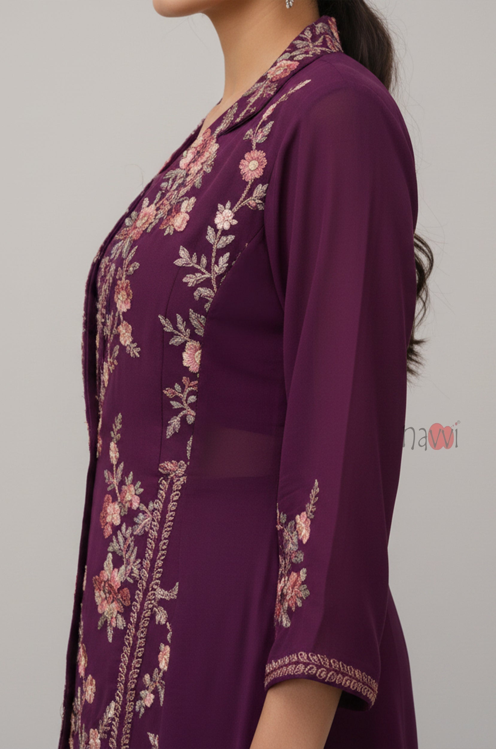 Wine Embroidered Kurta with Palazzo Set