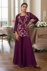 Wine Embroidered Kurta with Palazzo Set