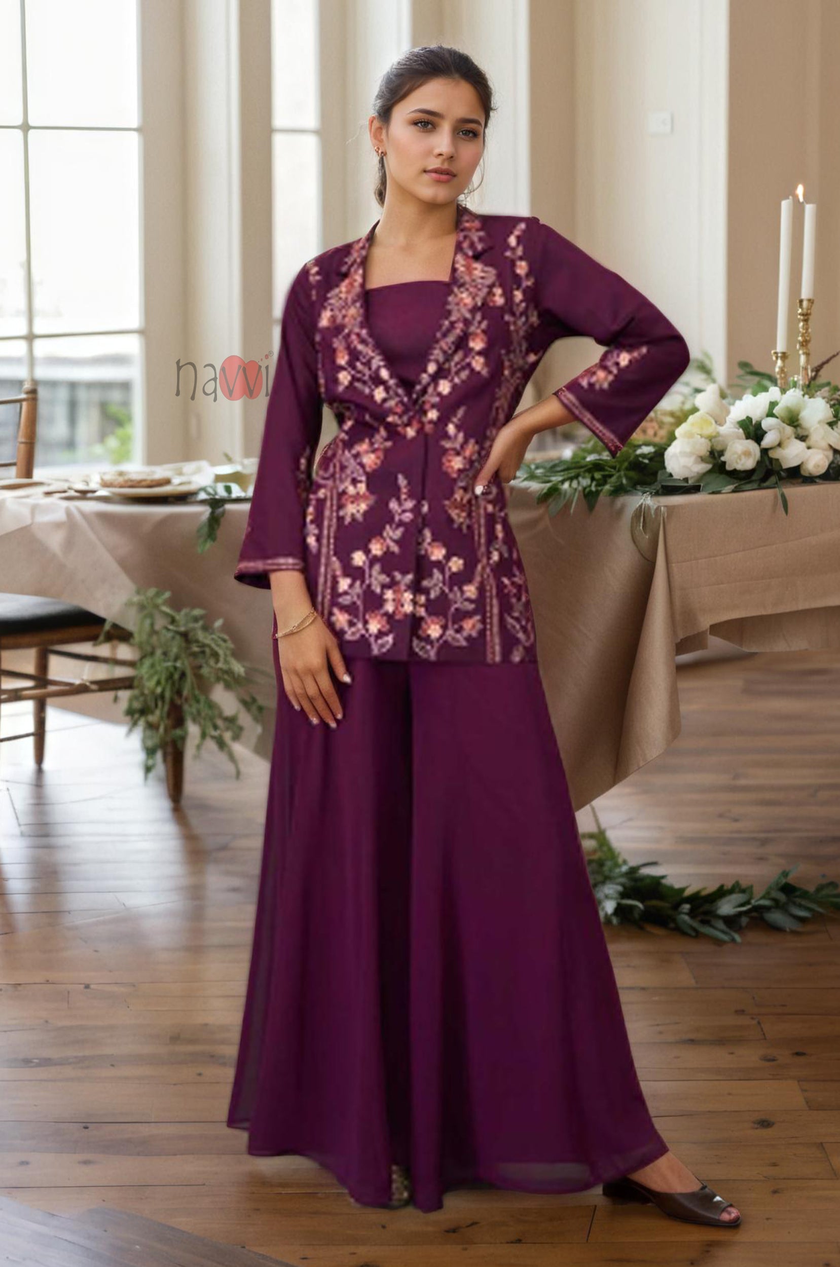 Wine Embroidered Kurta with Palazzo Set