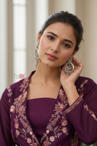 Wine Embroidered Kurta with Palazzo Set