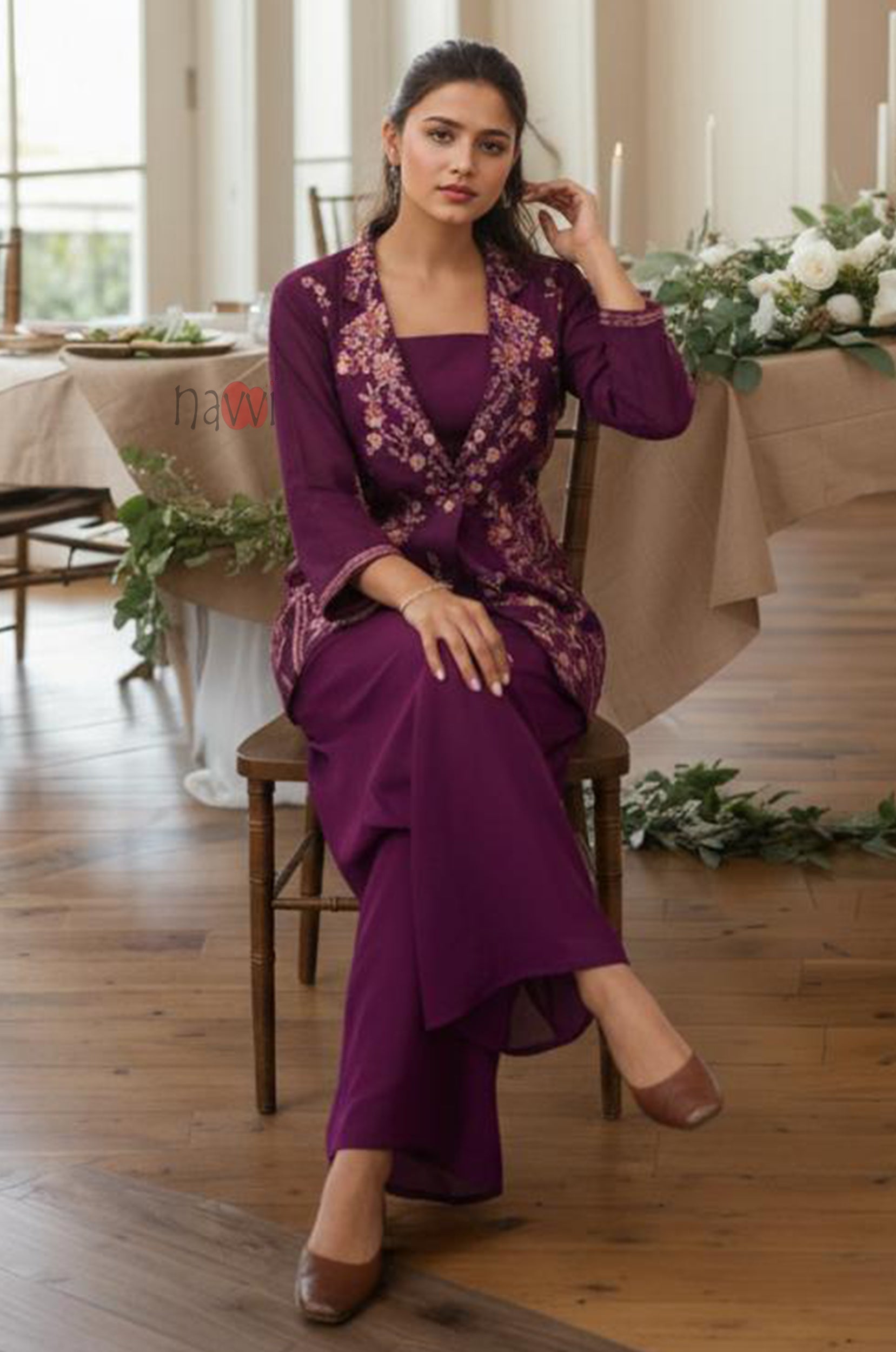 Wine Embroidered Kurta with Palazzo Set