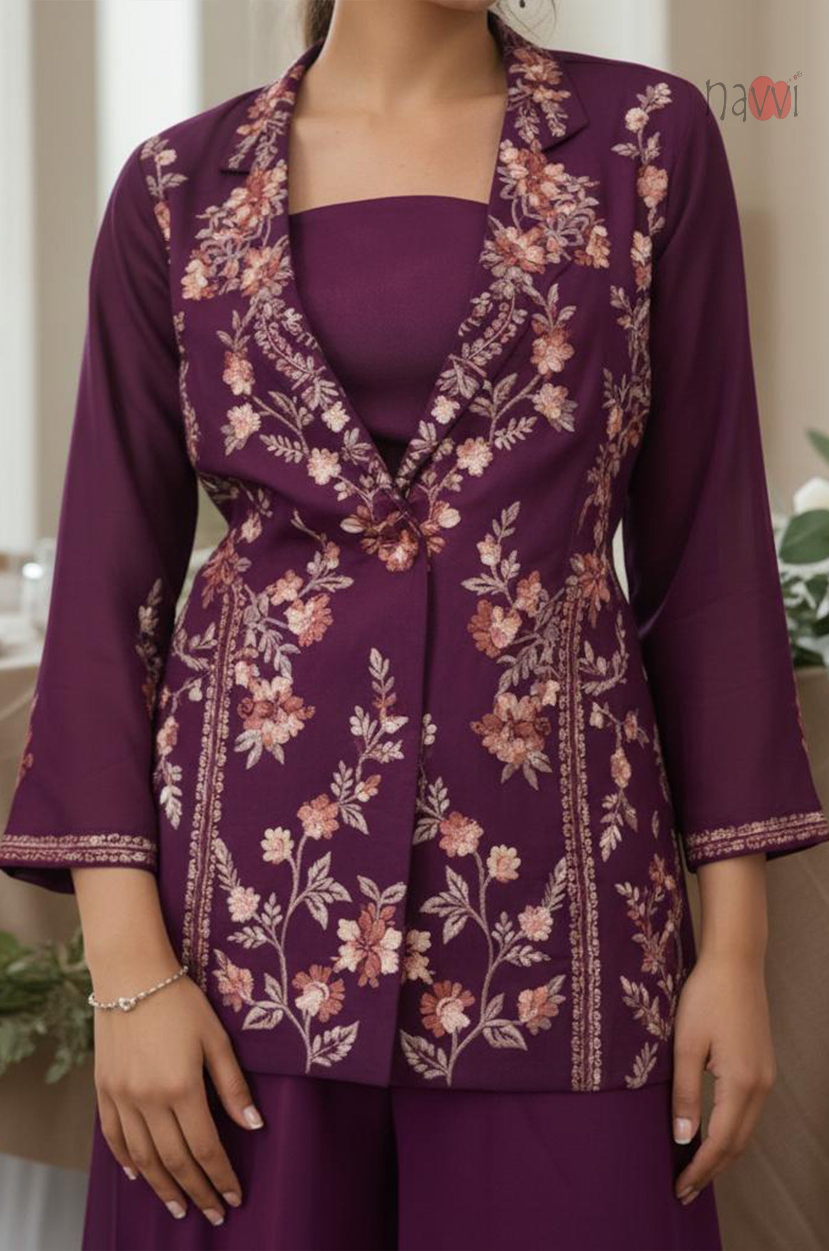 Wine Embroidered Kurta with Palazzo Set