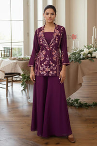 Wine Embroidered Kurta with Palazzo Set