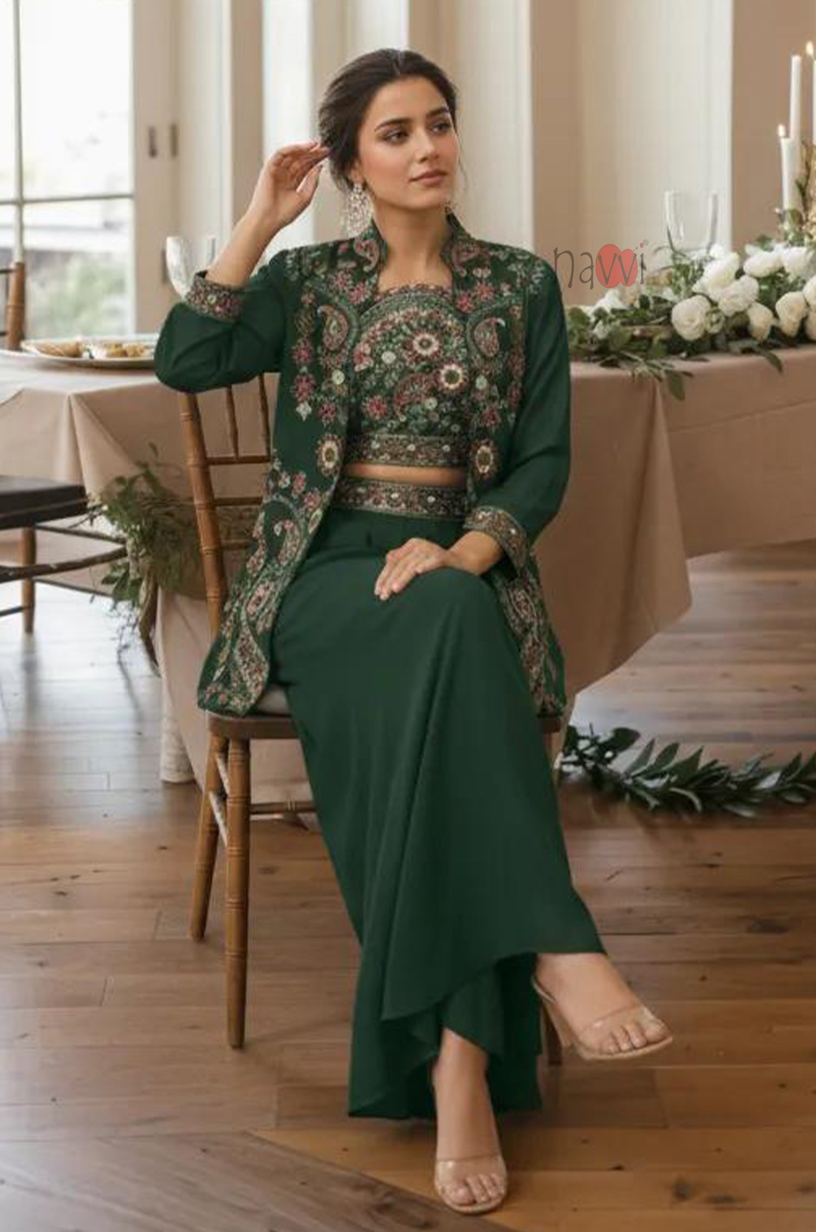 Bottle Green Embroidered Co-Ord Set