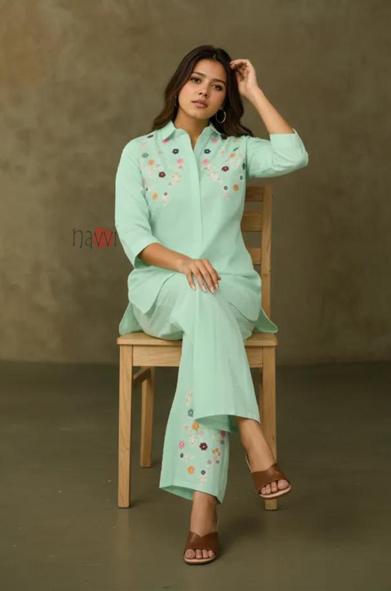 Mint Green Embroidered Kurta with Pant