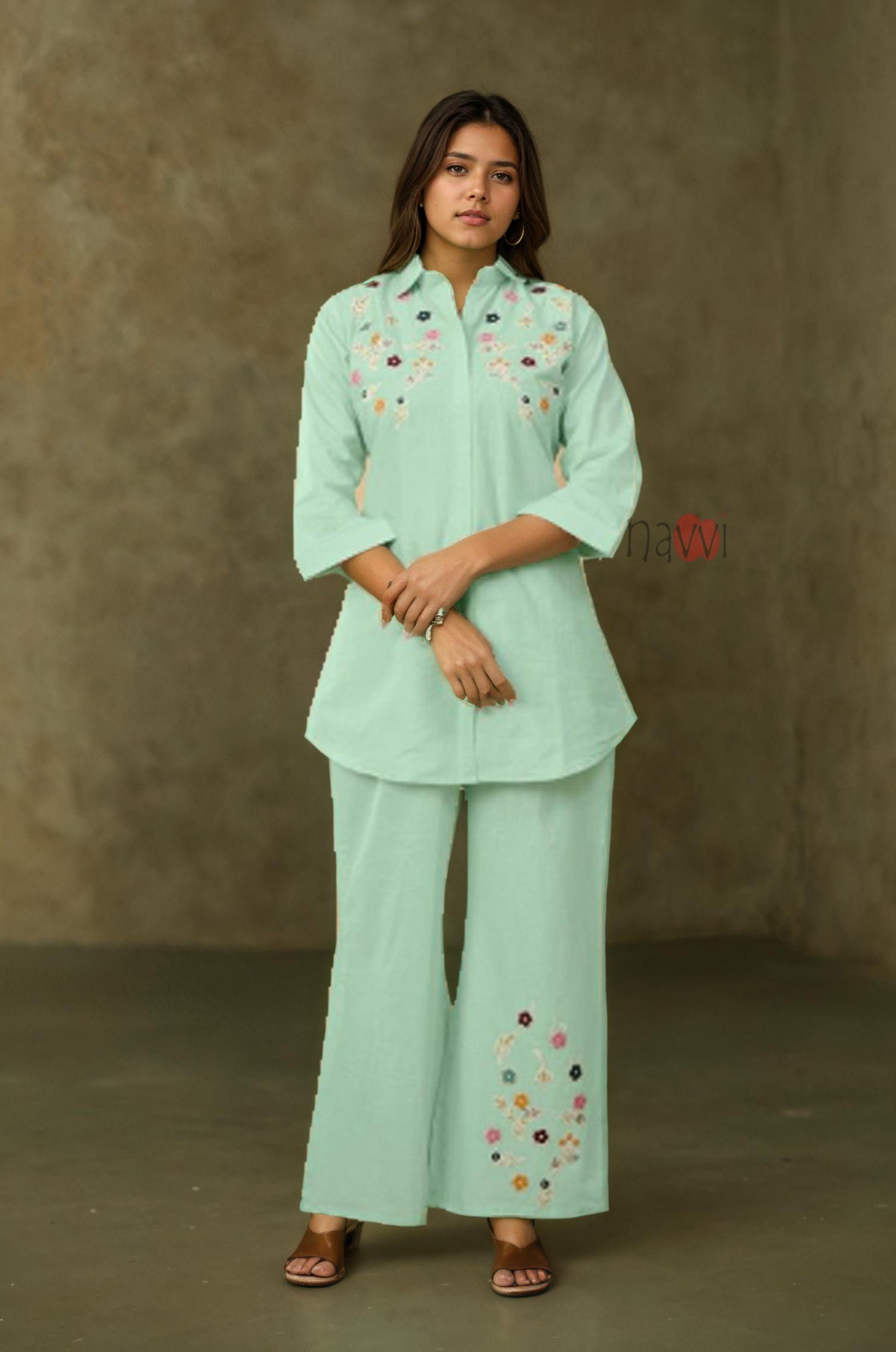 Mint Green Embroidered Kurta with Pant