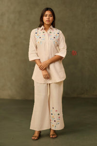 Beige Embroidery Kurta with Pants - Navvi.in