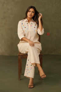 Beige Embroidery Kurta with Pants - Navvi.in