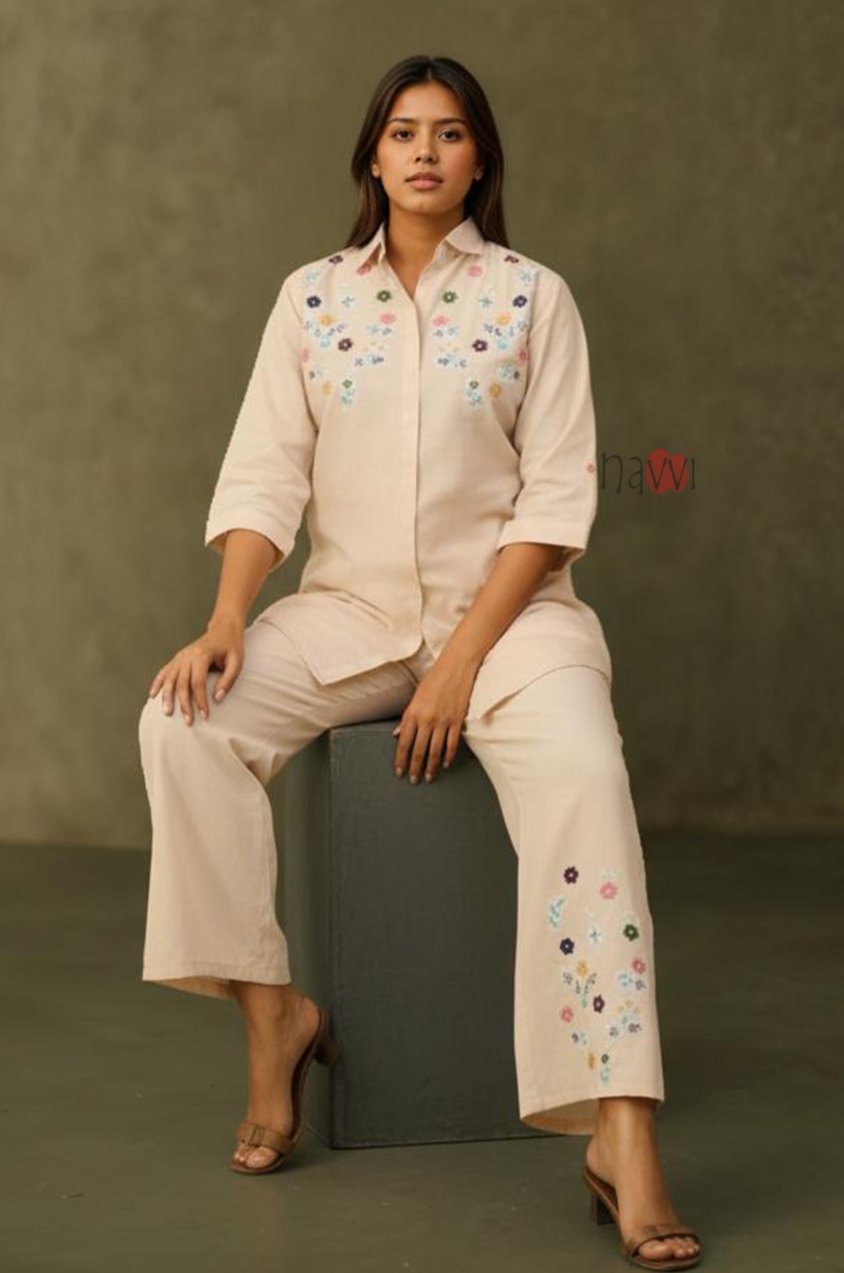 Beige Embroidery Kurta with Pants - Navvi.in
