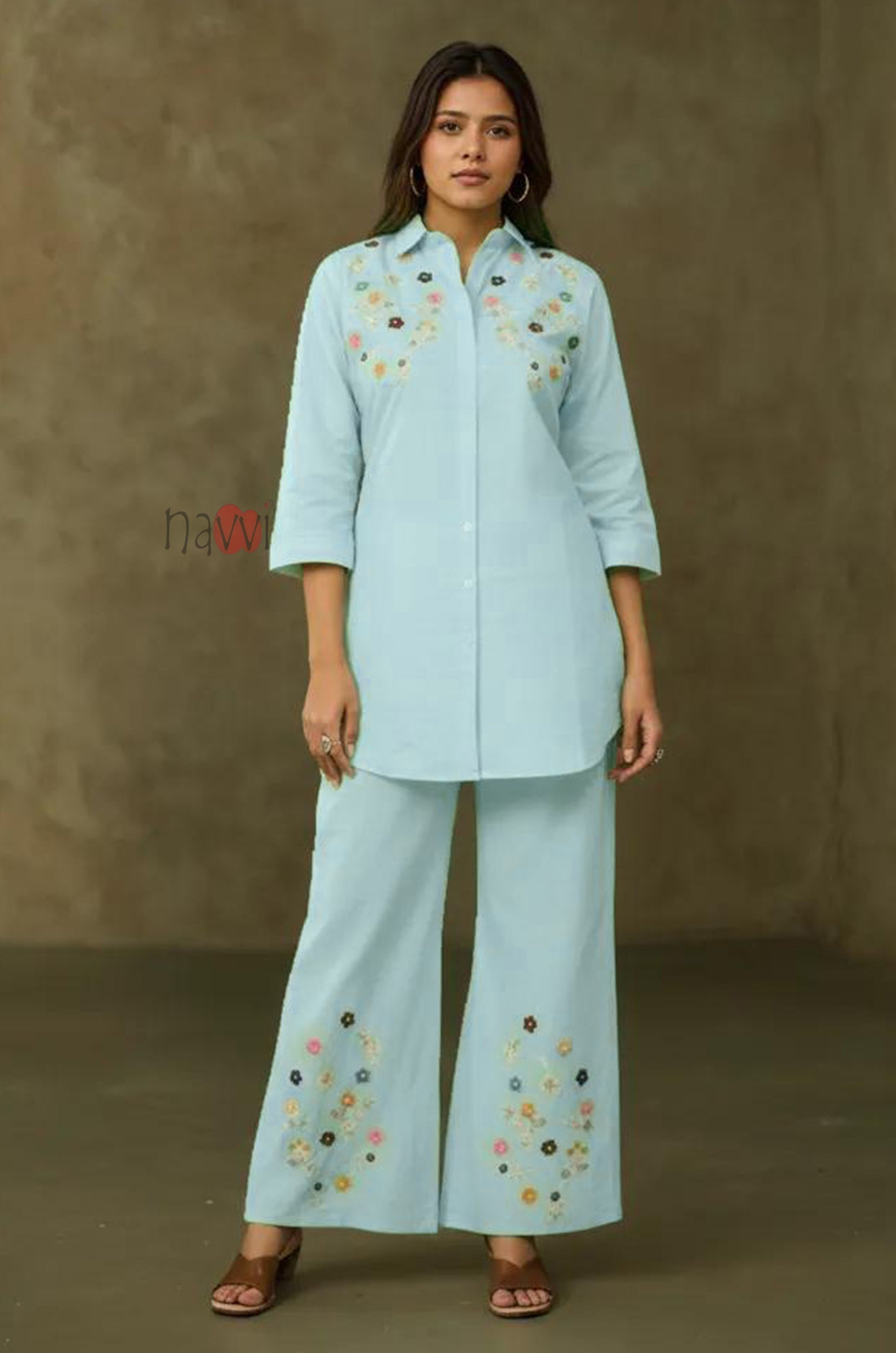 Sky Bloom Embroidered Kurta with Pants