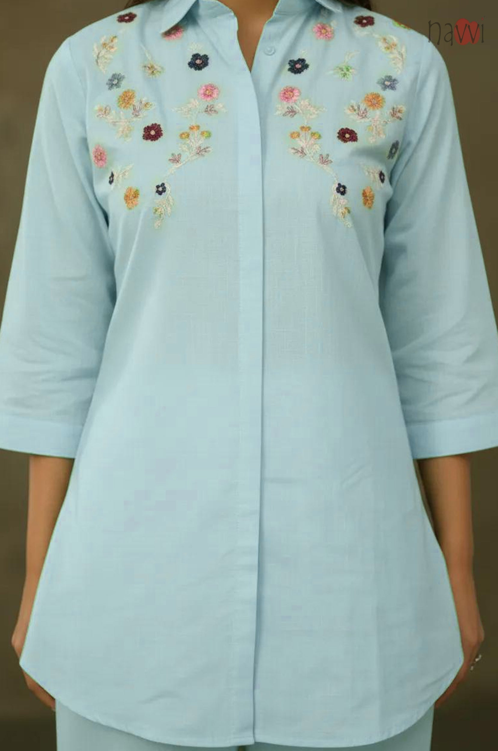 Sky Bloom Embroidered Kurta with Pants