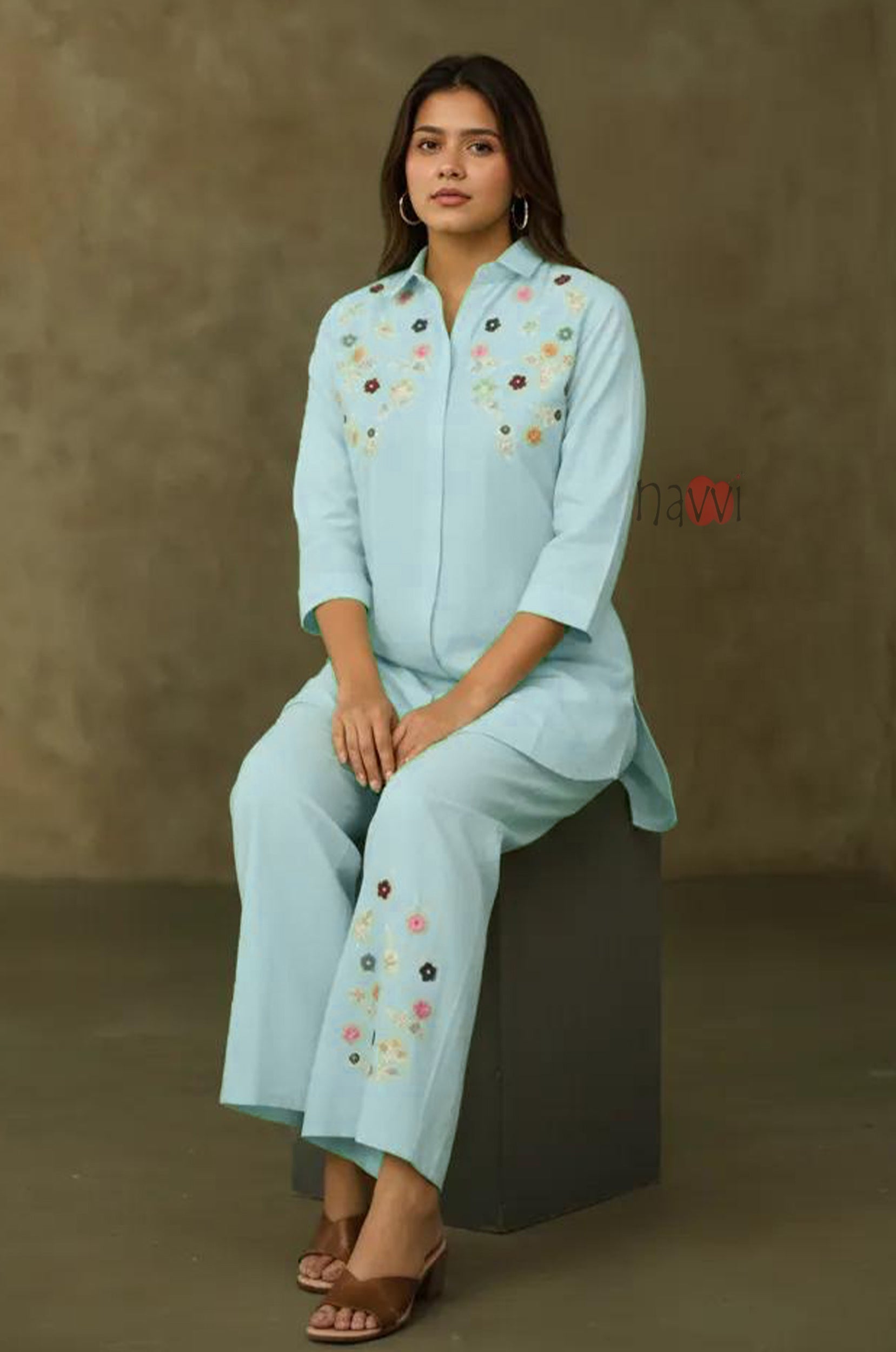 Sky Bloom Embroidered Kurta with Pants