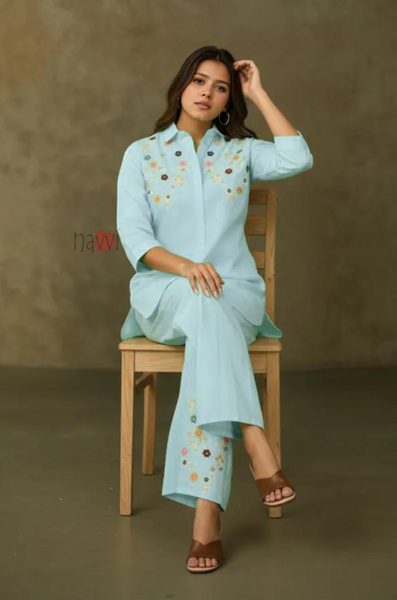 Sky Bloom Embroidered Kurta with Pants