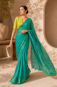 Turquoise Grace Foil Border Saree