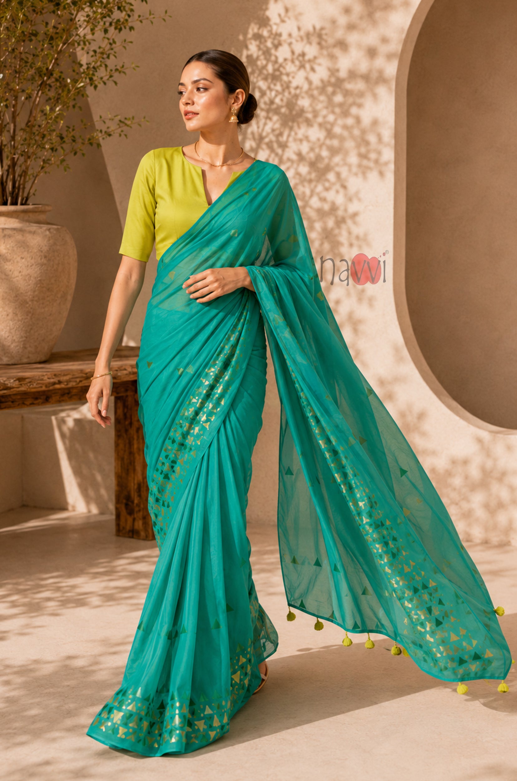 Turquoise Grace Foil Border Saree