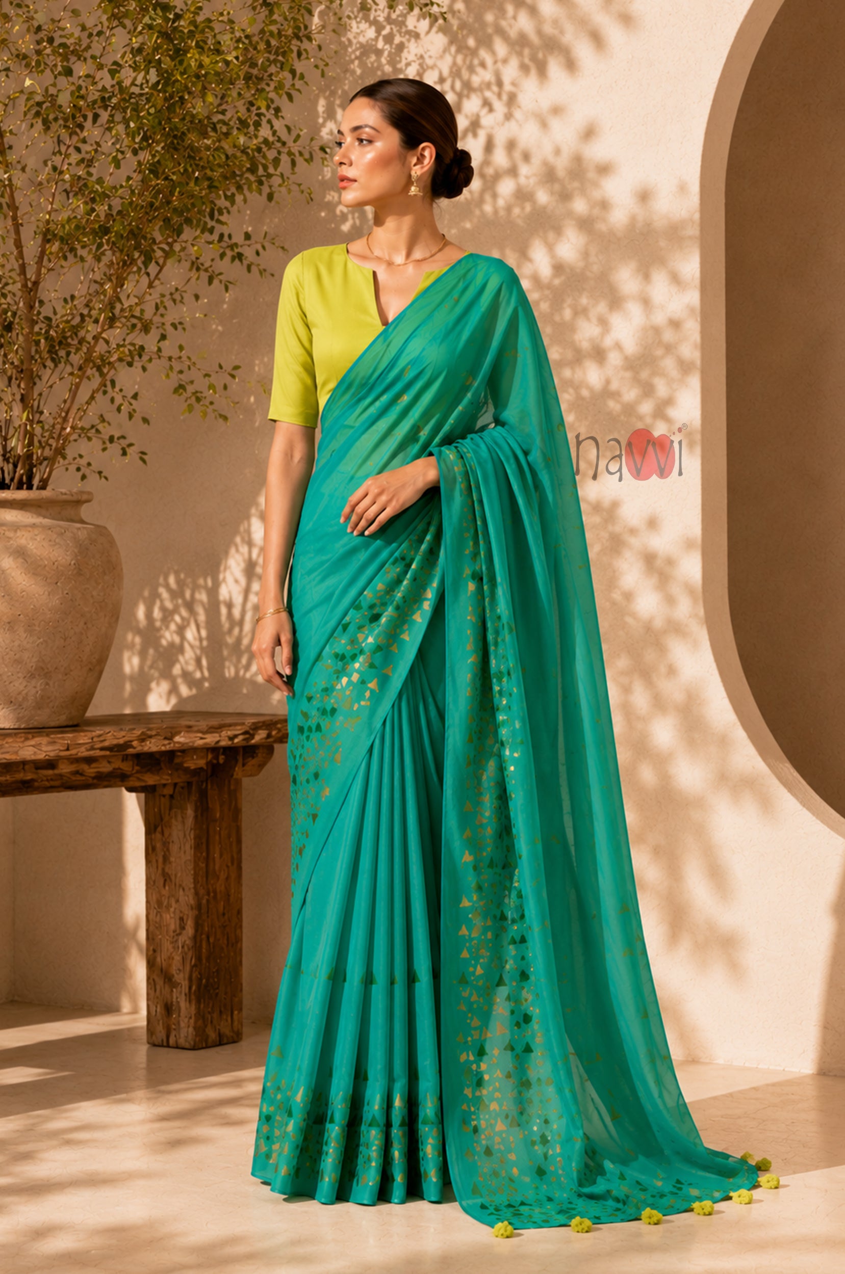 Turquoise Grace Foil Border Saree