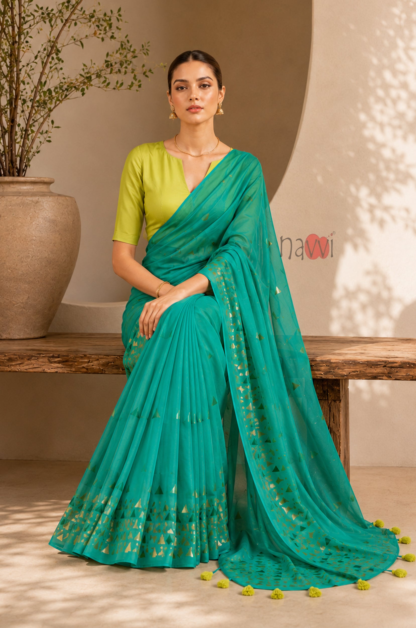 Turquoise Grace Foil Border Saree