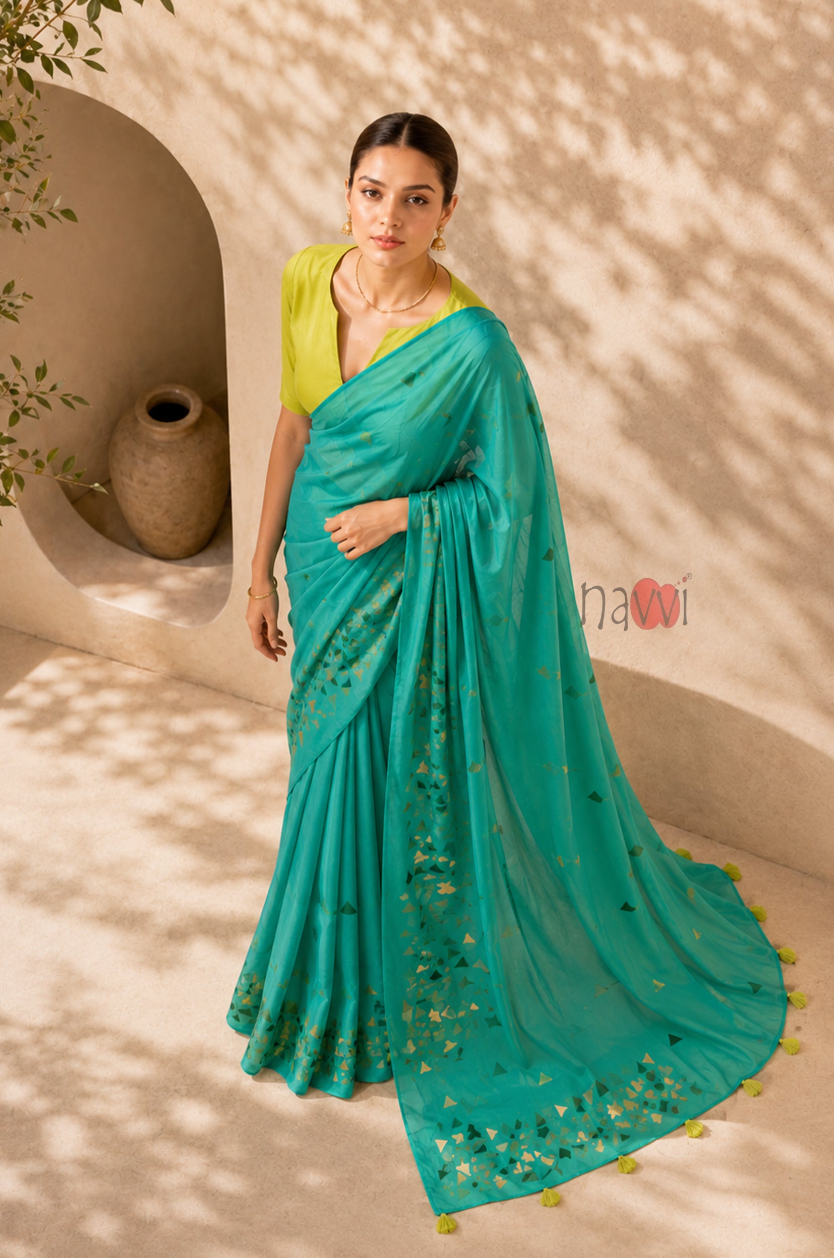 Turquoise Grace Foil Border Saree