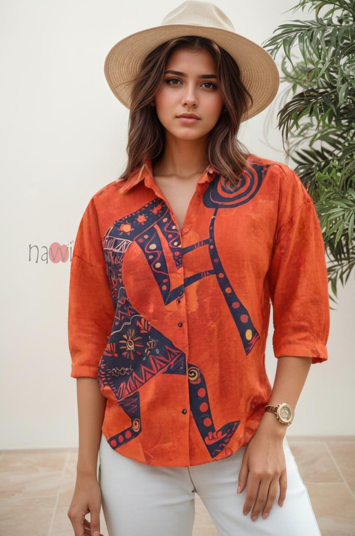 Tribal Muse Printed Orange Linen Shirt - Navvi.in