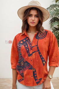 Tribal Muse Printed Orange Linen Shirt - Navvi.in