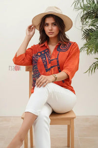 Tribal Muse Printed Orange Linen Shirt - Navvi.in