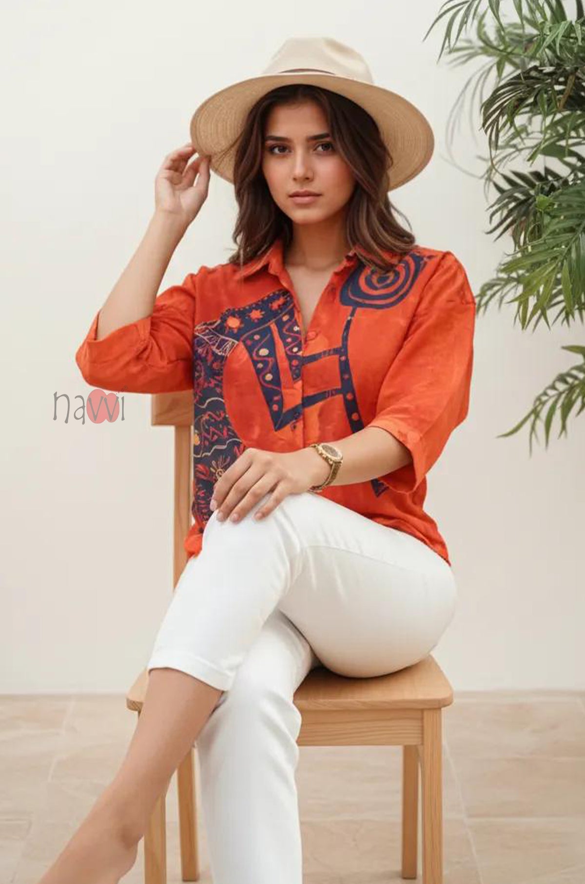Tribal Muse Printed Orange Linen Shirt - Navvi.in
